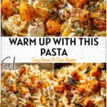 Creamy pasta with baked feta and roasted butternut squash cubes served in a rustic bowl for fall.